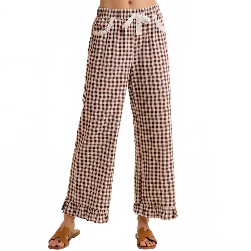 NEW SO ME gingham & lace ruffle pant in brown